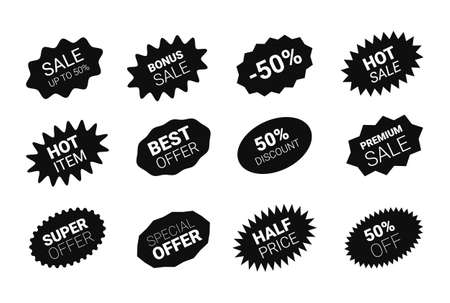 Starburst sticker set for promo sale. Vector badge shape with signs design - star and oval price offer promotionのイラスト素材