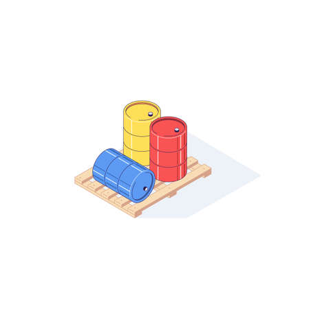 Isometric wooden pallet with barrels. 3d pallets cargo goods fuel benzin petrol gas and combustible vector illustrationのイラスト素材