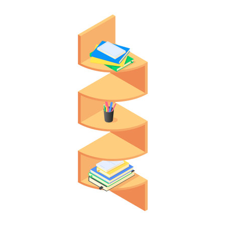 Books and chancellery on brown wooden bookshelf in isometric vector.のイラスト素材