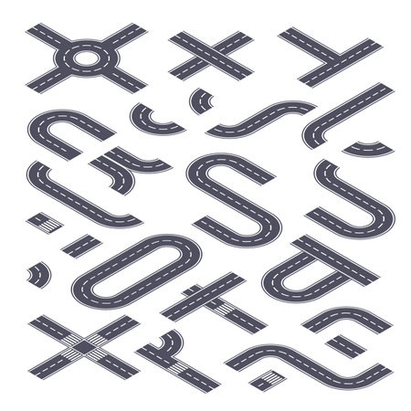 Road isometric kit. Collection of highway street elements to create traffic path or track.のイラスト素材