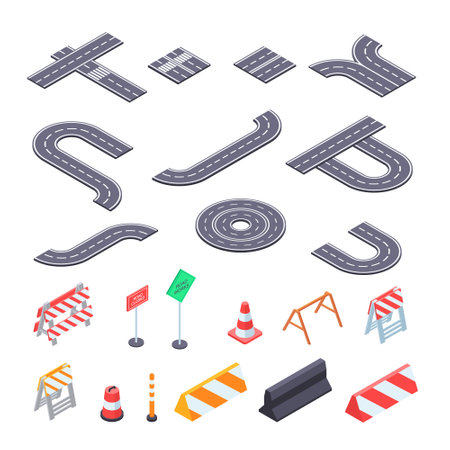 Road under construction isometric ket. Elements of street asphalt and warning road signs for creation of closed pathway.のイラスト素材