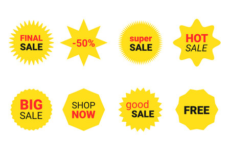 Starburst sticker set for promo sale. Vector badge shape with signs - star and roundburst label, price offer promotionのイラスト素材