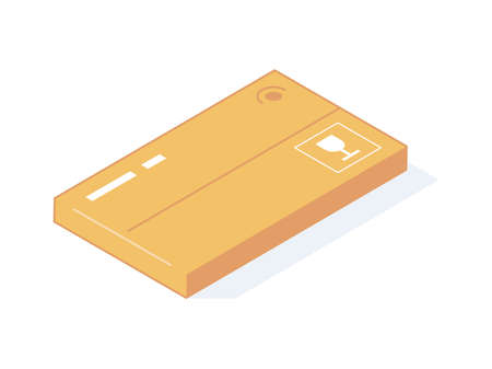 Close isometric cardboard box for delivery or storage goods. Brown carton post and warehouse package with labels in isolated vector illustration. Parcel in craft cardboard or paper box.のイラスト素材