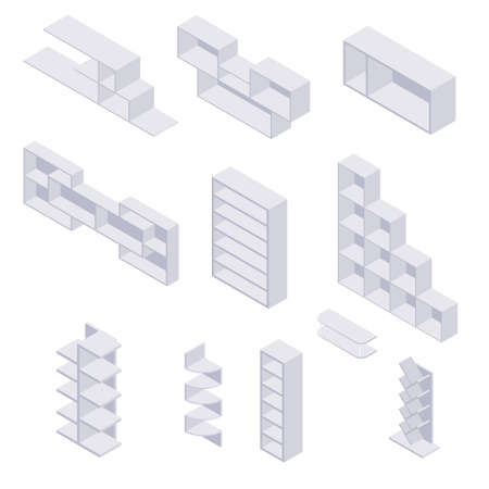 Bookshelf isometric - collection of various cases and shelves for books for home and store interior design. Empty gray wooden furniture for home and shop storage in vector illustration.のイラスト素材
