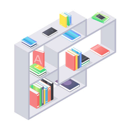 Books and chancellery on gray wooden bookshelf in isometric vector. Stacks of hard cover paper literature in shelf for education home or university interior. Rack with various home studying objects.のイラスト素材