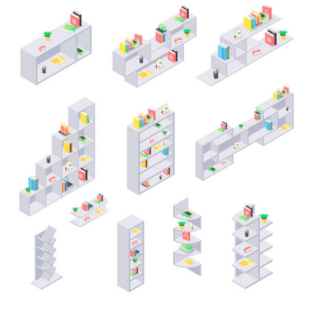 Books on shelf isometric set. Collection of various shelves with literature and staff isolated on white background. Case for storage and organization of books for education and home office concept.のイラスト素材