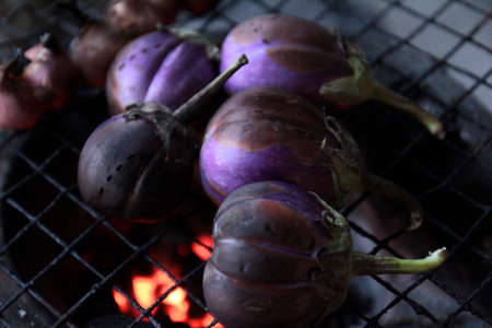 Eggplant Grill on wood fire.の写真素材