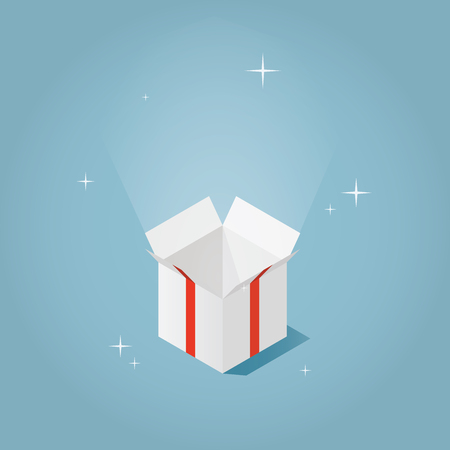 Isometric vector present box illustration. The christmas or birthday surprise concept. Isometric opened gift box with bow, red ribbon and sparkles.のイラスト素材