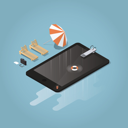 Isometric vector waterproof device concept illustration. Tablet or phone represented as a pool with diving board, lifebuoy, sunbed, umbrella, briefcase,glasses. Big puddle of water is under the deviceのイラスト素材