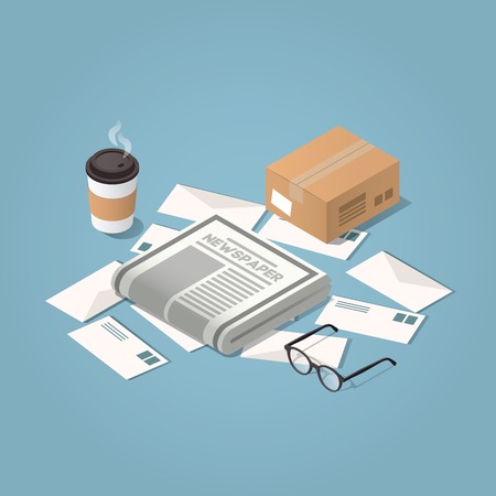 Vector isometric illustration concept of morning mail delivery. Letters, morning newspaper, glasses, cup of hot coffee, cardboard box.のイラスト素材