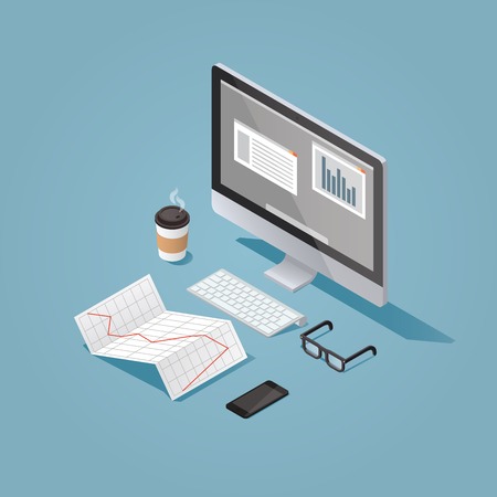 Vector isometric concept illustration of office work station. Desktop conputer, glasses, phone, diagram, keyboard, cup of hot coffee, finance stock infographic.のイラスト素材
