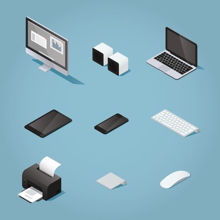 Isometric digital vector objects set illustration. Collection of computers and supplies: desktop, speakers, laptop, tablet, phone, keyboard, printer, trackpad, mouse.のイラスト素材
