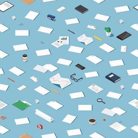 Vector isometric office stationery seamless pattern. Pattern of office supplies: paper, document, report, cup of coffee, pen, pencil, book, envelope, glasses, folder, tablet, magnifier, smart phone.のイラスト素材