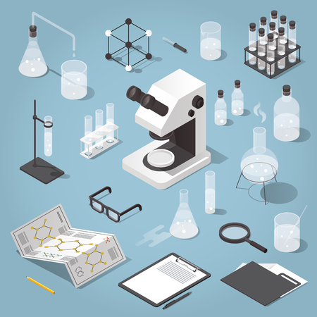 Detailed isometric illustration of chemical laboratory equipment. Set of various test tubes, flask, jars and bottles with liquid, dropper, microscope, support stand, magnifier and other attributes.のイラスト素材