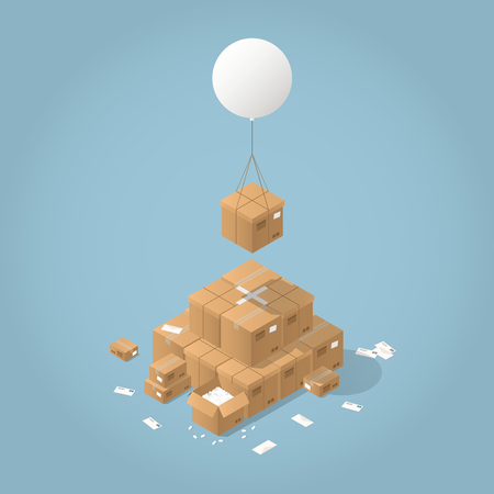 Vector isometric mail delivery concept illustration. Cardboard box are delivered by flying balloon to the stack of parcel boxes of different sizes and shapes.のイラスト素材
