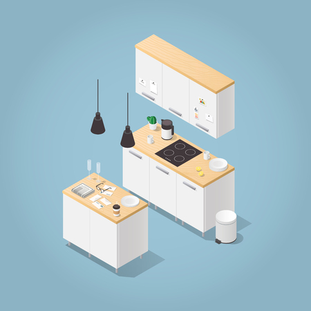 Vector isometric kitchen illustration. Small kitchen with island, cabinets,  lamps, trash bin, induction cooker, dishes, teapot, cup and other cooking equipment. Highly detailed.のイラスト素材