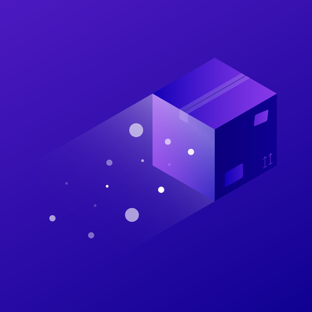 Vector isometric concept shipping illustration. Fast flying cardboard box. Neon futuristic style.のイラスト素材