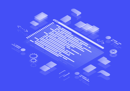 Isometric Concept Coding Neon. Programming and IT technologies. Vector illustration with template...