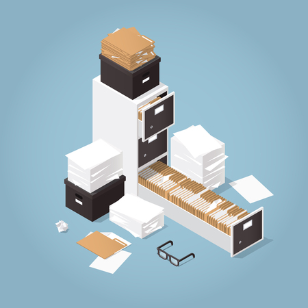 Isometric Concept Folder Archive. Vector illustration with paper, boxes and documents. Collecting data.のイラスト素材