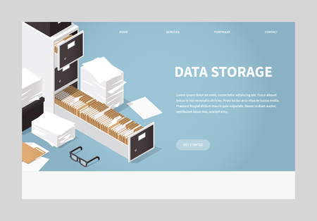 Isometric Folder Archive. Vector illustration with paper, boxes and documents. Landing page concept.のイラスト素材