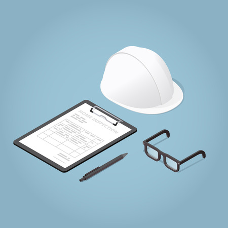 Isometric Concept Home Inspection. Working Tools. Glasses, helmet, clipboard. Production safety. Vector illustration.のイラスト素材