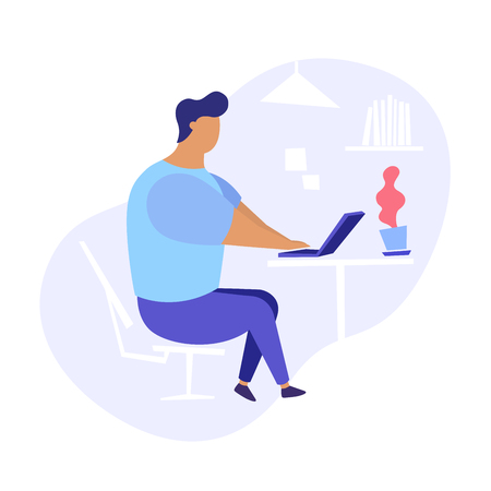 Flat illustration of man sitting with a laptop and looking for a vacancies. Looking for job modern illustration.のイラスト素材