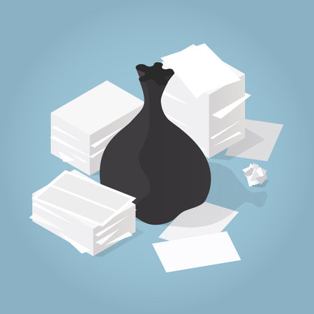 Vector isometric paper trash concept illustration. Stacks of office paper around black plastic trash bag.のイラスト素材