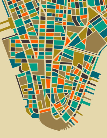 New York vector map. Colorful playful vintage design base for travel card, advertising, gift or poster. This map is based on a real city plan, but NOT intended to be precise.のイラスト素材