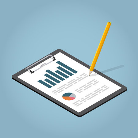 Vector isometric illustration of working with documents. Clipboard with charts and pencil. Analysing and researching creative process concept.のイラスト素材
