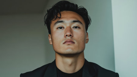 Confident Kazakh businessman poses against a minimalist background in a modern setting, embodying professionalism and ambitionの素材