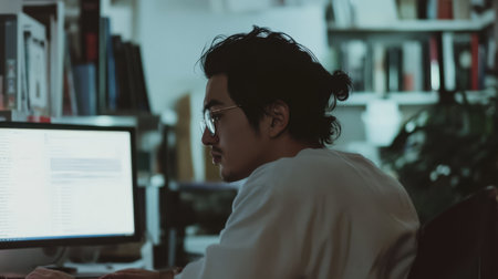 Kazakh businessman focused on work in a modern office setting during evening hoursの素材