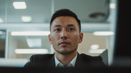 Focused Kazakh businessman working diligently in a modern office during the dayの素材