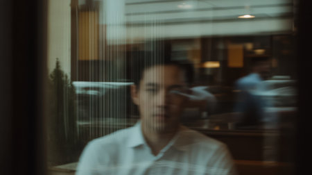 Businessman seated in a cafe reflecting on the urban landscape outside in Kazakhstanの素材