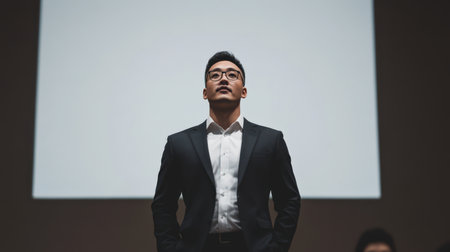 Kazakh businessman delivers inspiring speech at corporate event in a modern conference hallの素材