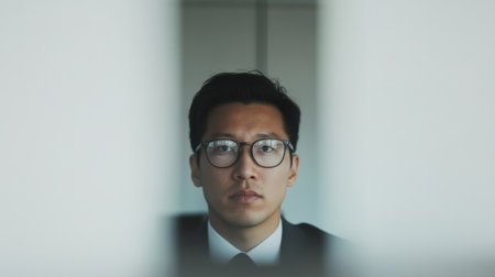 Kazakh businessman in formal attire focused on work in a modern office setting during a clear afternoonの素材