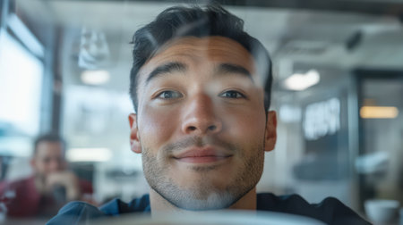 Entrepreneur at his desk during a busy business day in a modern cafe in Almatyの素材