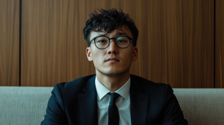 Businessman in formal attire sits confidently in a modern office environmentの素材