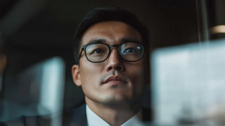 Kazakh businessman reflecting on future opportunities in a modern office setting during the late afternoonの素材