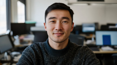 Kazakh businessman smiling confidently in a modern office setting with computers in the backgroundの素材
