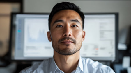Kazakh businessman working in an office with a computer and business charts in the backgroundの素材