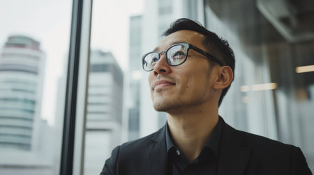 Kazakh businessman reflecting thoughtfully in a modern office with a city skyline in the background on a sunny dayの素材