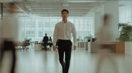Businessman walks confidently through a modern office space in a bustling urban environmentの素材