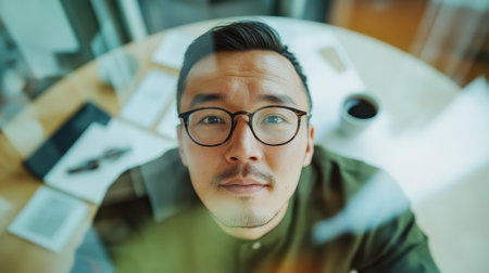 Kazakh businessman engaged in thoughtful reflection during a work session in a modern office environmentの素材