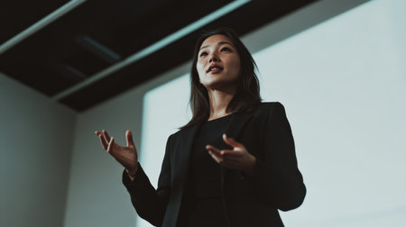 Kazakh businesswoman giving an engaging presentation in a professional settingの素材
