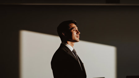Professional man in business suit stands confidently in an office setting during late afternoon lightの素材