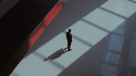 Business professional stands alone in an empty modern workspace with dramatic lighting in the backgroundの素材