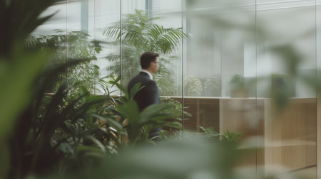 Modern workspace showcases biophilic design with greenery and natural light in a professional office environmentの素材