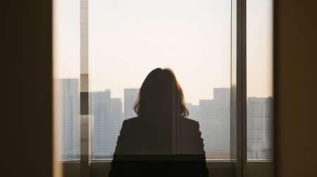 Businesswoman contemplating decisions while looking out over the city skyline at sunsetの素材