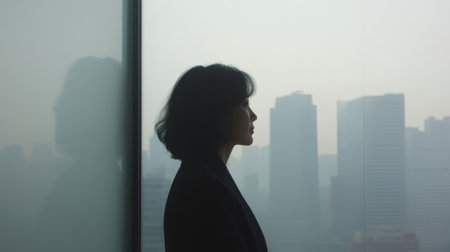 Middle-aged businesswoman reflects on her career while gazing at a city skyline during a misty dayの素材