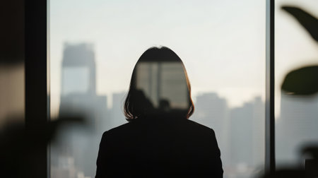 Businesswoman contemplating the future while gazing out window in urban office settingの素材